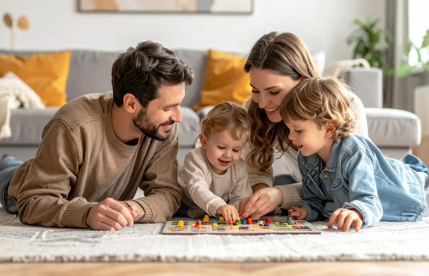 Familienszene mit spielenden Kindern und Eltern für Alltag, Freizeit und gemeinsames Erleben