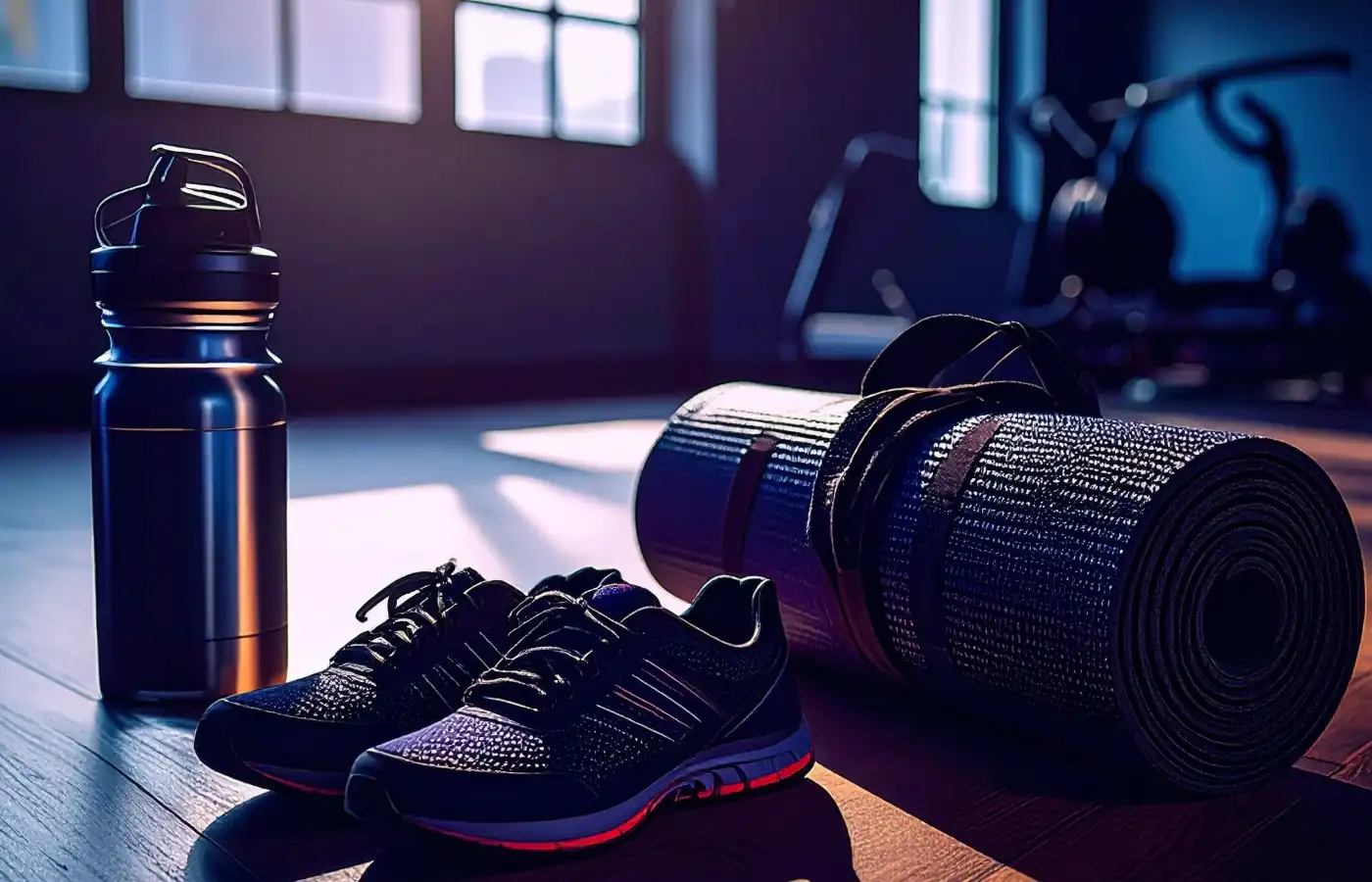 Fitness- und Gesundheitsutensilien wie Hanteln, Yogamatte und Faszienrolle für Training und Muskelaufbau