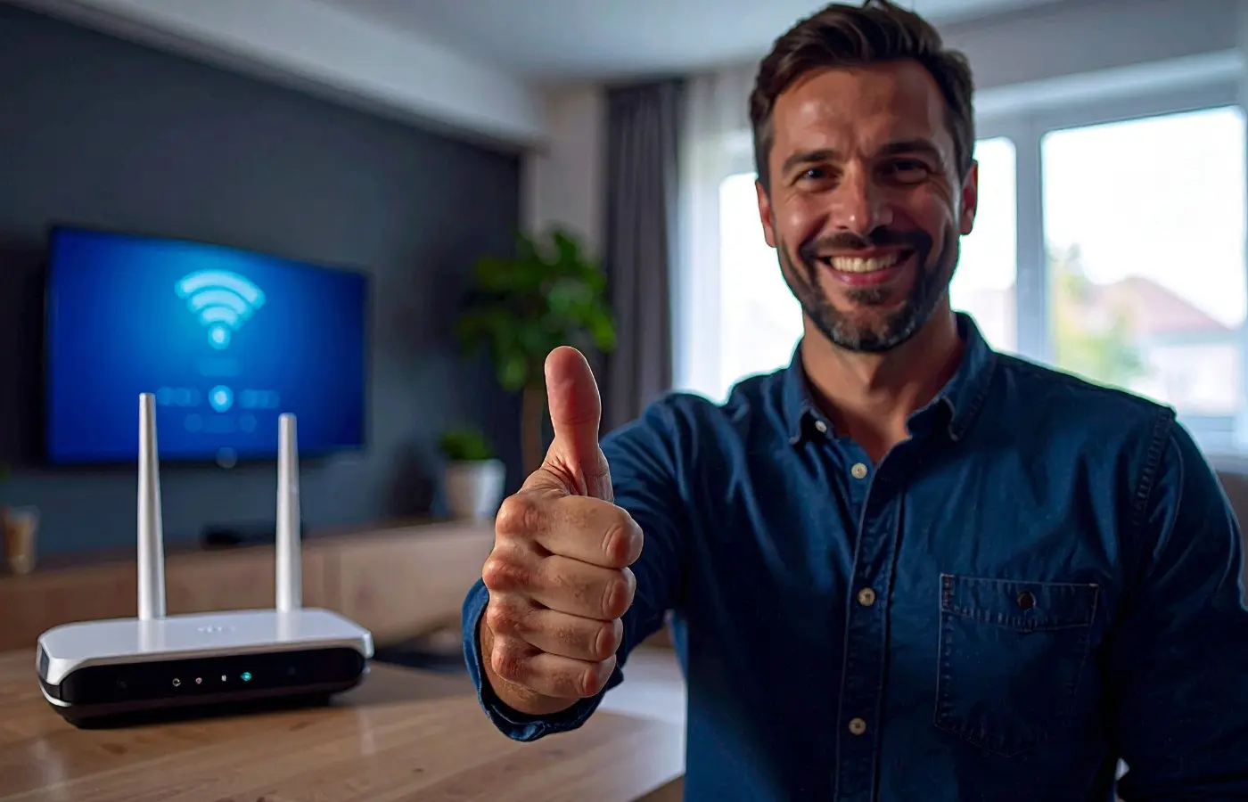 Zufriedener Mann zeigt Daumen hoch neben einem WLAN-Router, im Hintergrund ein Fernseher mit Wi-Fi Symbol, passend zu Internetanbieter Vergleich und DSL-Wechsel.
