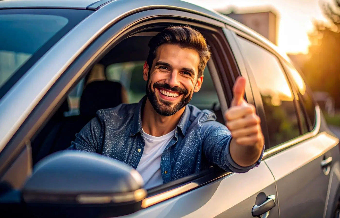 Glücklicher Fahrer sitzt in einem modernen Auto und zeigt Daumen hoch, Symbolbild für Mietwagenvergleich und günstige Autovermietung