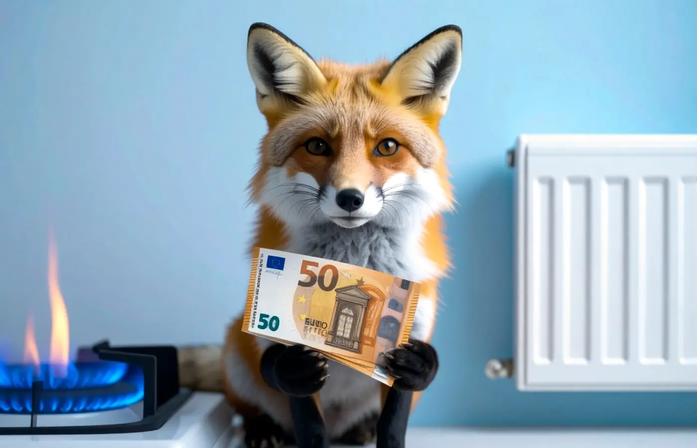 Cleverer Fuchs hält einen 50 Euro Schein in der Pfote, sitzt neben Gasherd mit blauer Flamme und Heizkörper, Symbolbild für Gasanbieter Vergleich und Heizkosten sparen.