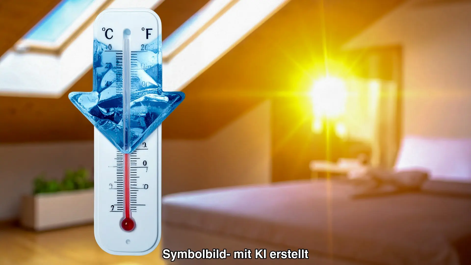 Ein Thermometer mit sinkender, eisgekühlter Temperaturanzeige vor einem sonnendurchfluteten, heißen Schlafzimmer im Dachgeschoss – symbolisiert die Abkühlung durch eine leise mobile Klimaanlage
