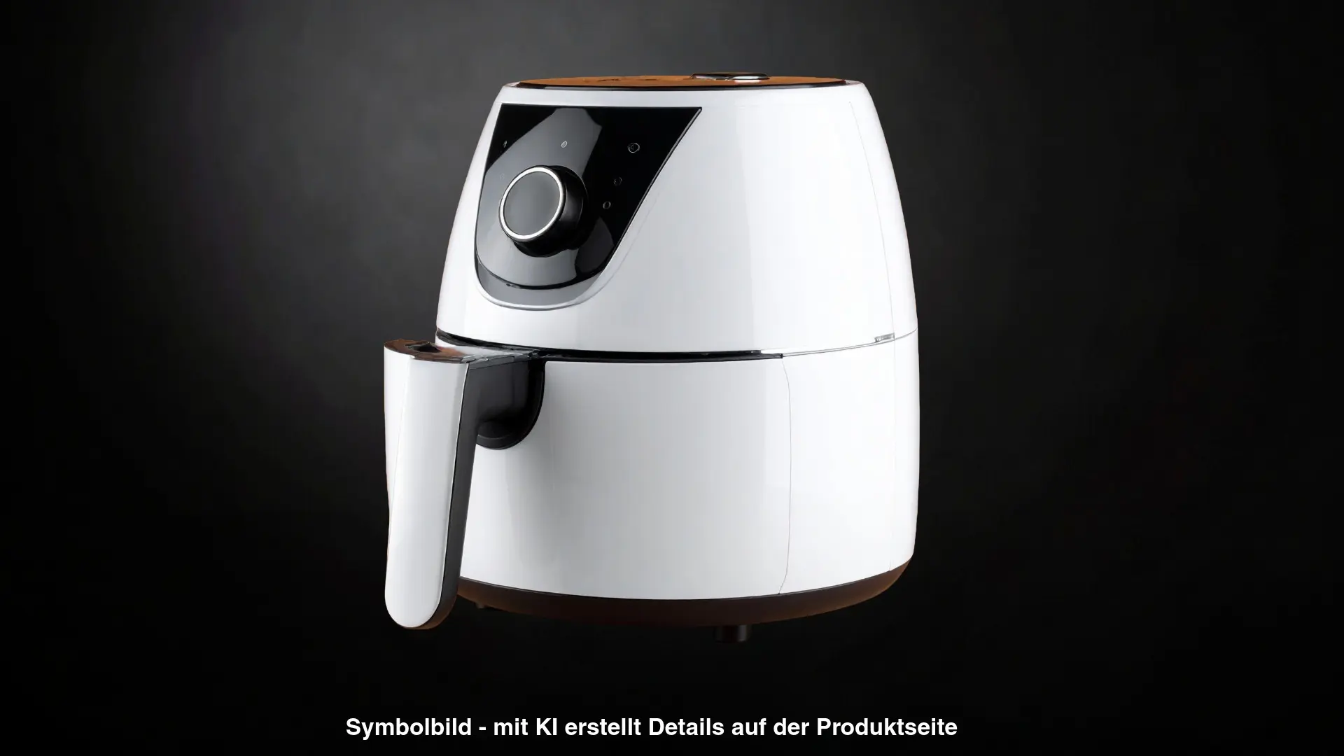 Moderne weiße Heißluftfritteuse (Airfryer) auf dunklem Hintergrund für fettarmes Kochen und zeitsparendes Meal-Prep