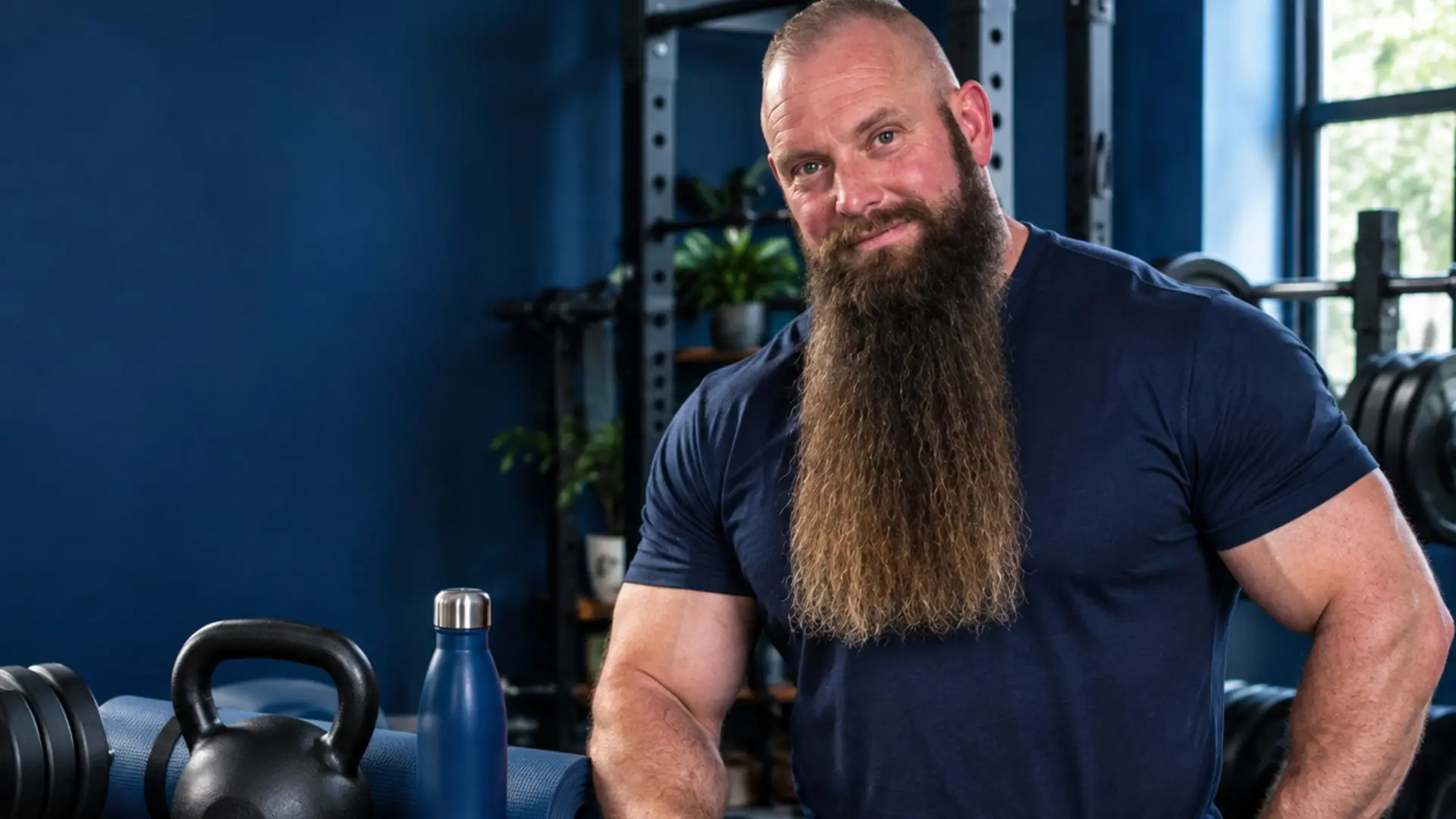 Mann mit langem Bart neben Hanteln, Kettlebell, Fitnessmatte und Widerstandsbändern in einem Homegym